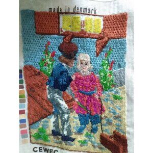 Cewec Denmark Completed Needlepoint Unframed Boy Girl 13 x 12 Vtg Handmade